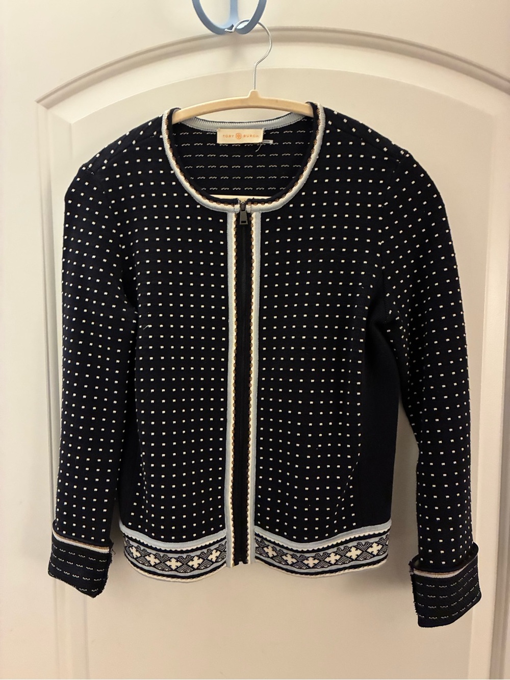 Tory Burch Navy Dotted Zip-Front Knit Jacket